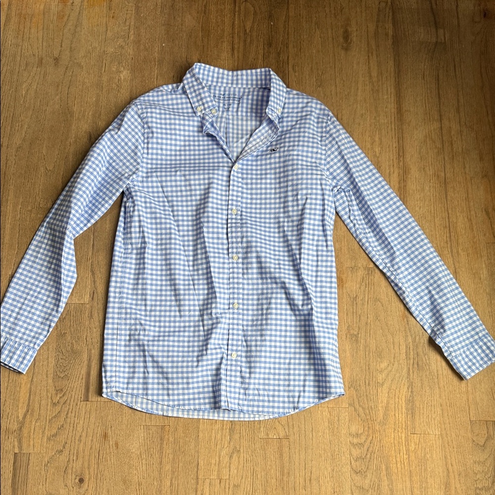 Vineyard Vines On-the-go Performance Boys Blue Gingham Dress Shirt